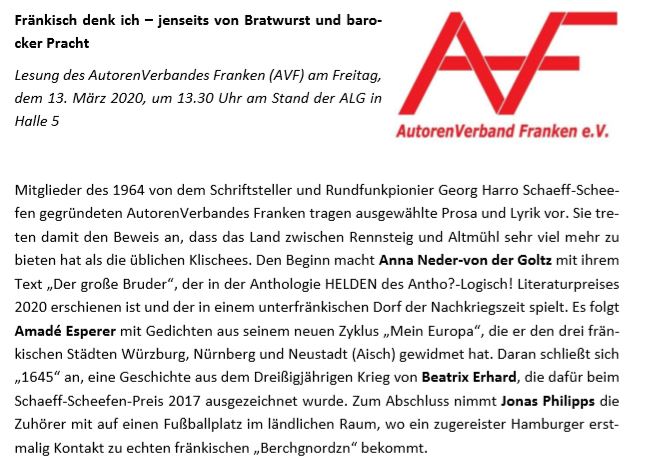 Lesung auf der Leipziger Buchmesse am 13.03.2020